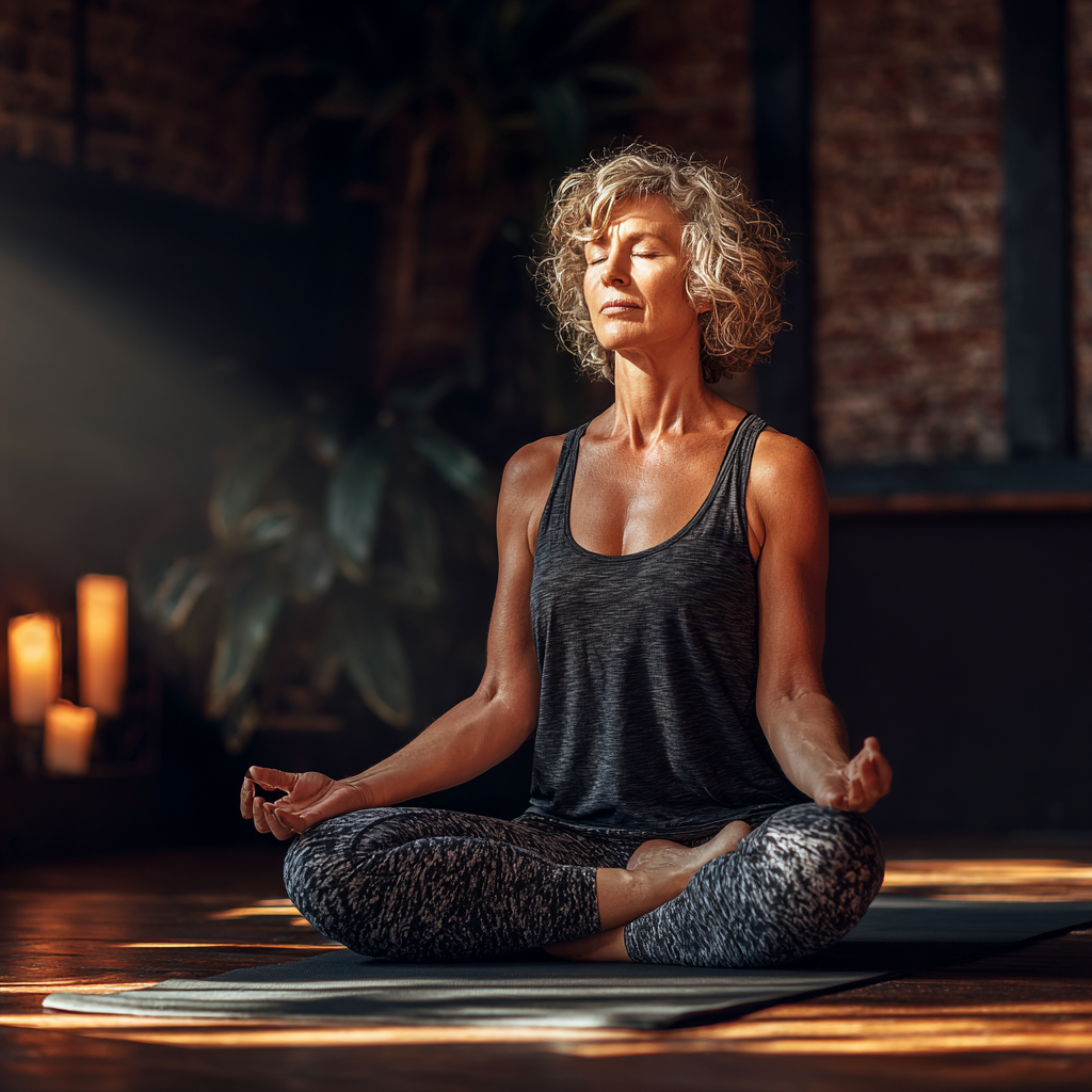 Жінка 55 років виконує асану лотоса на килимку для йоги в затишній студії