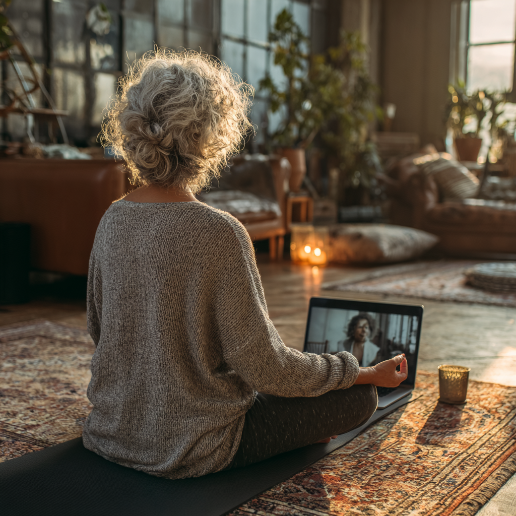 Жінка 58 років займається йогою вдома перед ноутбуком, дивлячись онлайн урок wenshidar