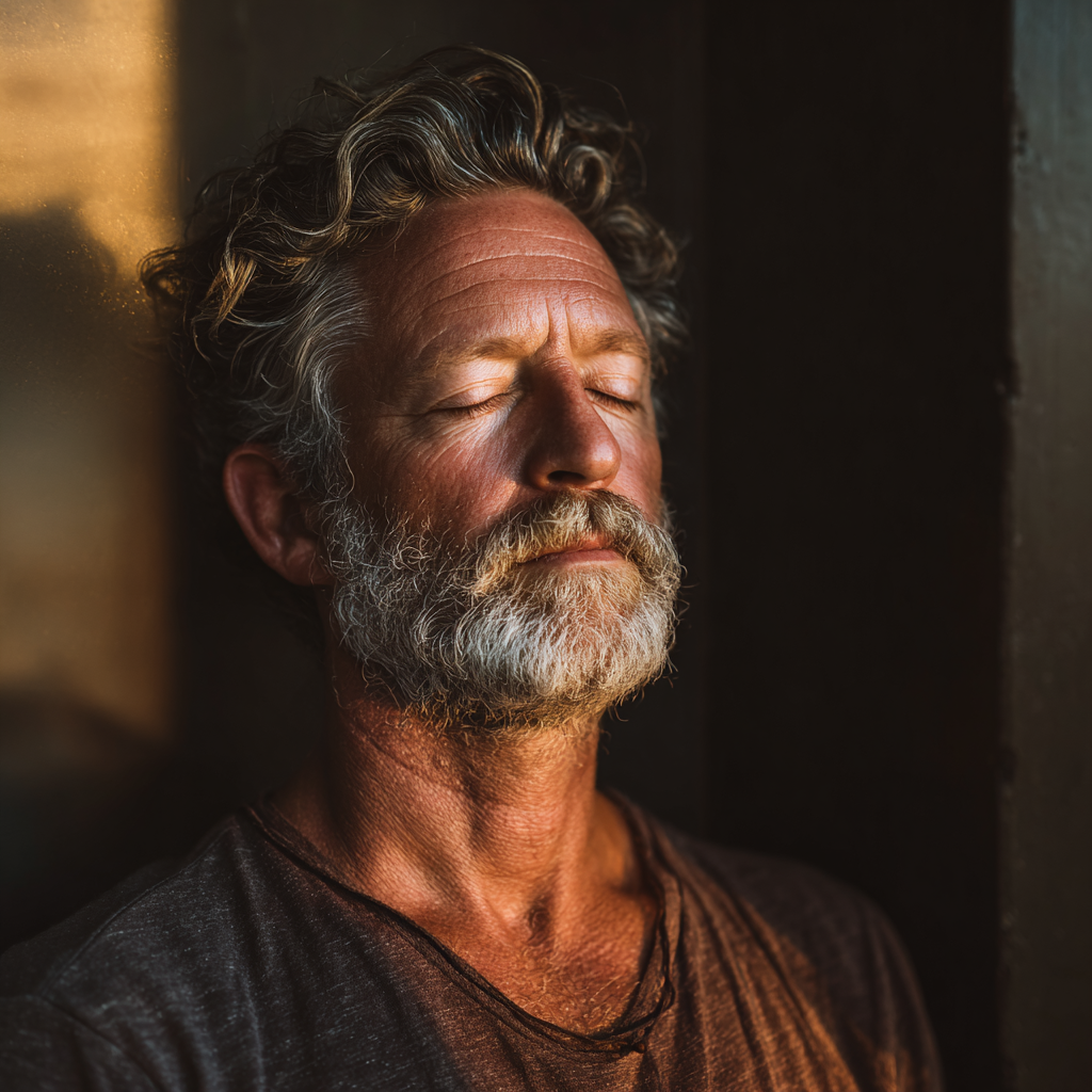 Чоловік 60 років сидить в медитативній позі з закритими очима в тихому куточку студії йоги